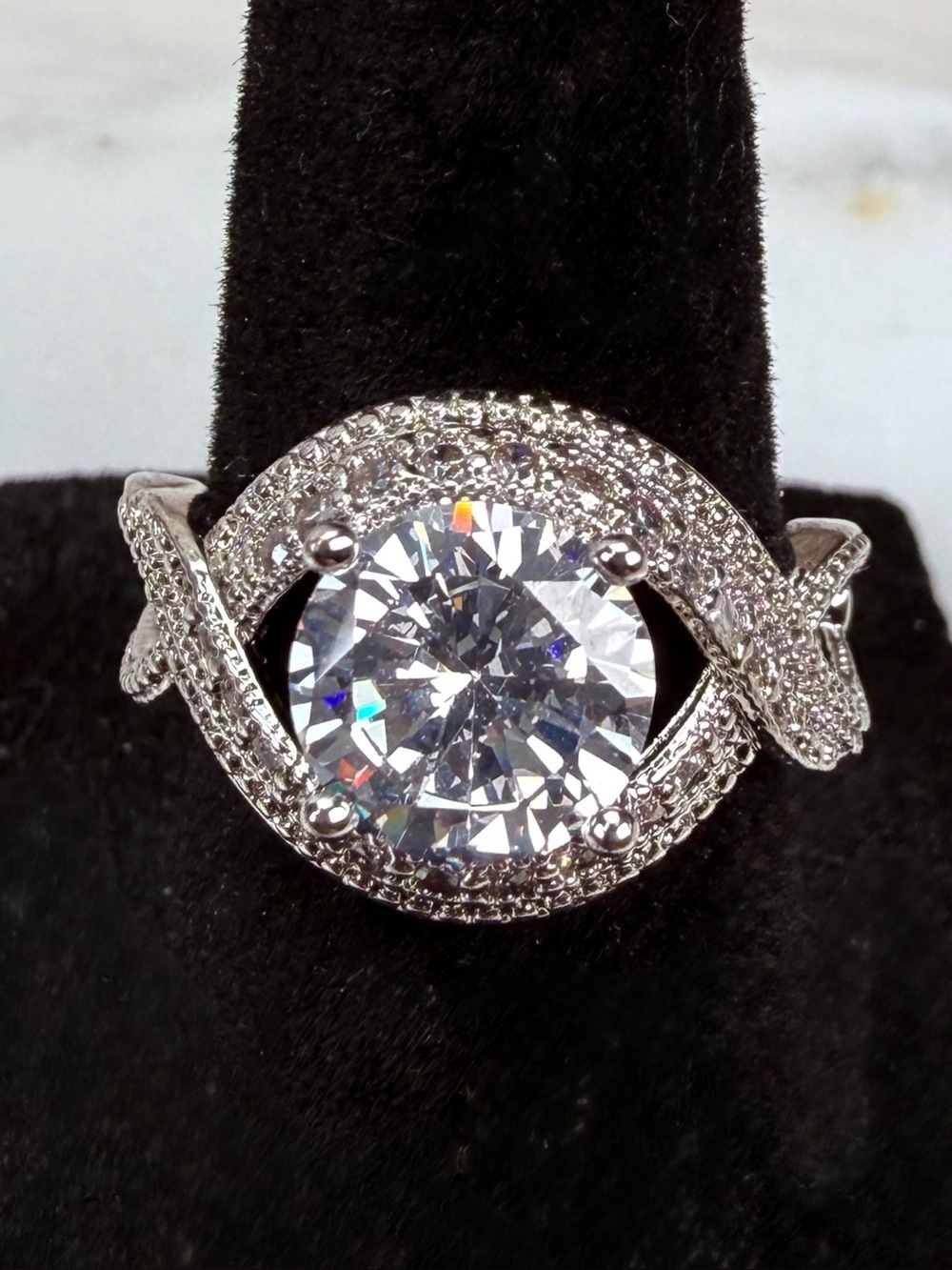 Silvertone Twist Halo Round CZ Engagement Ring sz 6